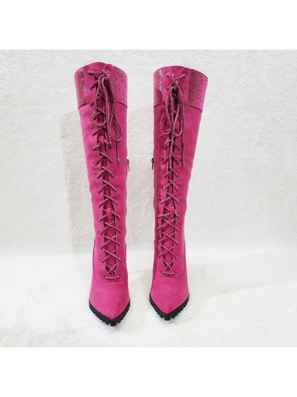 Queens FX Suede & Rhinestone Pointy Toe High Heels Stiletto Lace Up Knee Boots - Picture 10 of 14